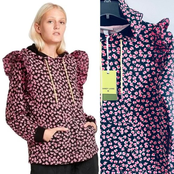 Sandy Liang S, M,  L, 1X Pink Ditsy Floral Ruffle Hooded Hoodie Sweatshirt Top - Picture 1 of 11